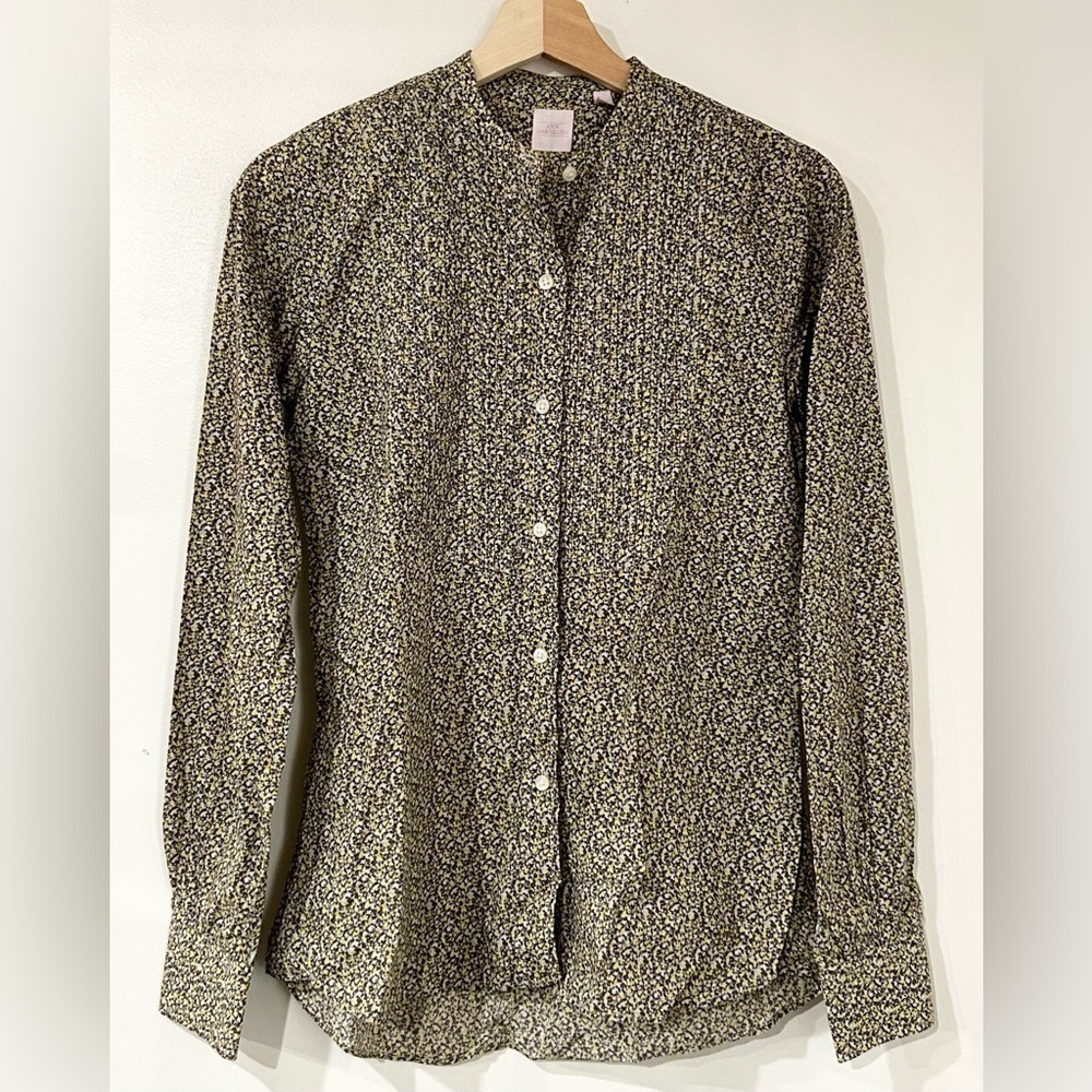 Ann Mashburn Cotton Floral Button Down Blouse Pleated Front Yellow Blue XS